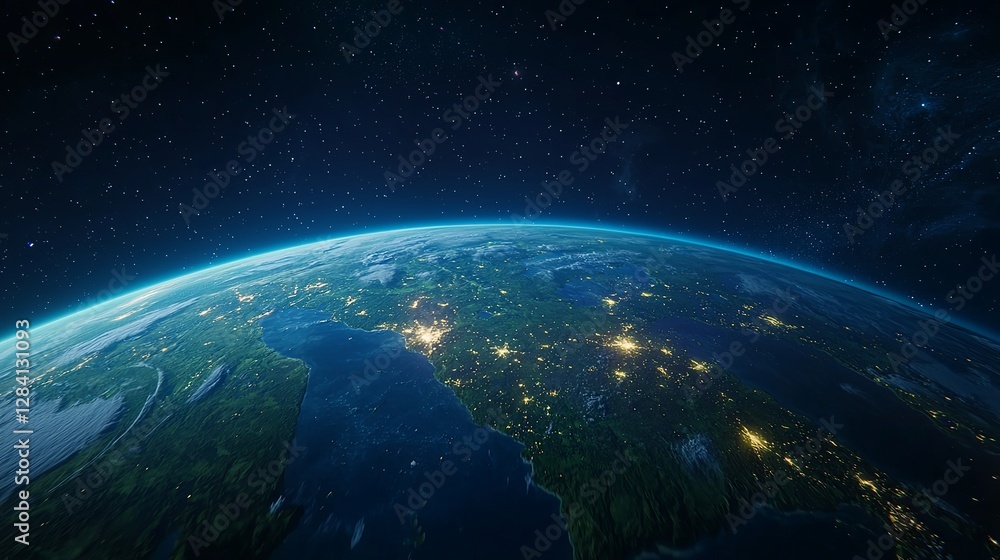 Obraz premium A breathtaking view of Earth from space, showcasing illuminated landmasses amidst the vastness of the cosmos.