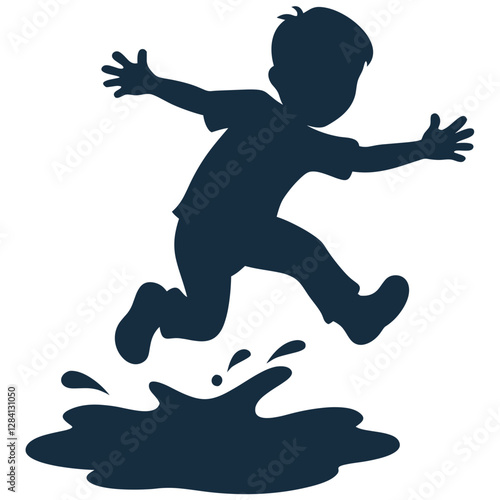 Silhouette of a Small Boy Jumping in a Puddle, Splashing Water, Playful and Energetic, Vector Illustration