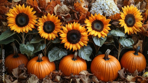Harvest celebration sunflowers and pumpkins in autumn outdoor arrangement warm colors seasonal vibes