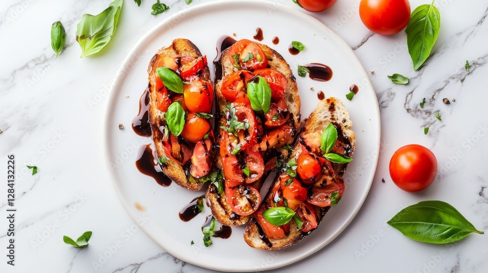 A flatlay photograph looking down on a plate of bruschetta with tomatoes, basil, and balsamic glaze on a marble counter A flatlay photograph looking down on a plate of bruschetta with tomatoes, basil, and balsamic glaze on a marble counter