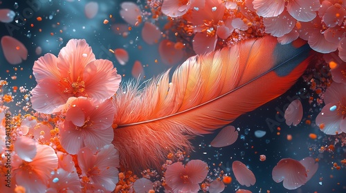 Vibrant floral composition with feather nature scene fine art soft focus aesthetic beauty