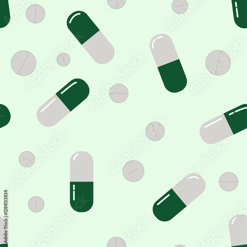 Green medical pills seamless pattern. Pills background. Pills and capsules pattern in green and white. A green medical illustration. Aseamless pattern with medical pills.