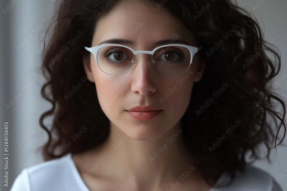 Obraz premium Person with glasses looks confidently at the camera, surrounded by soft lighting that highlights their focus and clarity