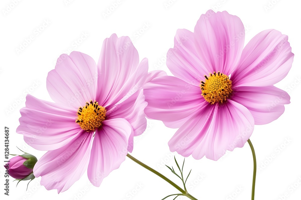 Close-up of two beautiful pink cosmos flowers isolated on white Close-up of two beautiful pink cosmos flowers isolated on white