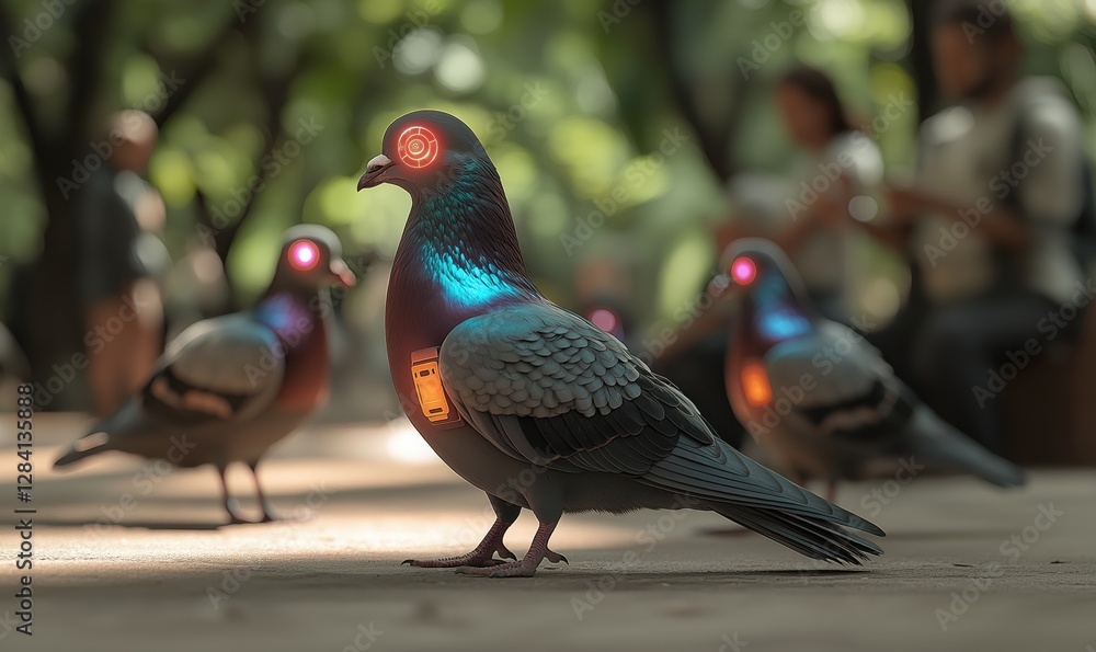 In a vibrant cyberpunk park, people feed pigeons that have glowing robotic eyes, creating a surreal and eerie atmosphere In a vibrant cyberpunk park, people feed pigeons that have glowing robotic eyes, creating a surreal and eerie atmosphere