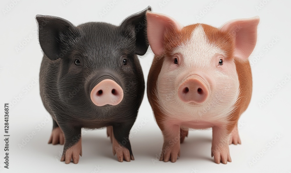 Two cute baby pigs stand on a bright white background, highlighting their playful nature and vibrant details Two cute baby pigs stand on a bright white background, highlighting their playful nature and vibrant details