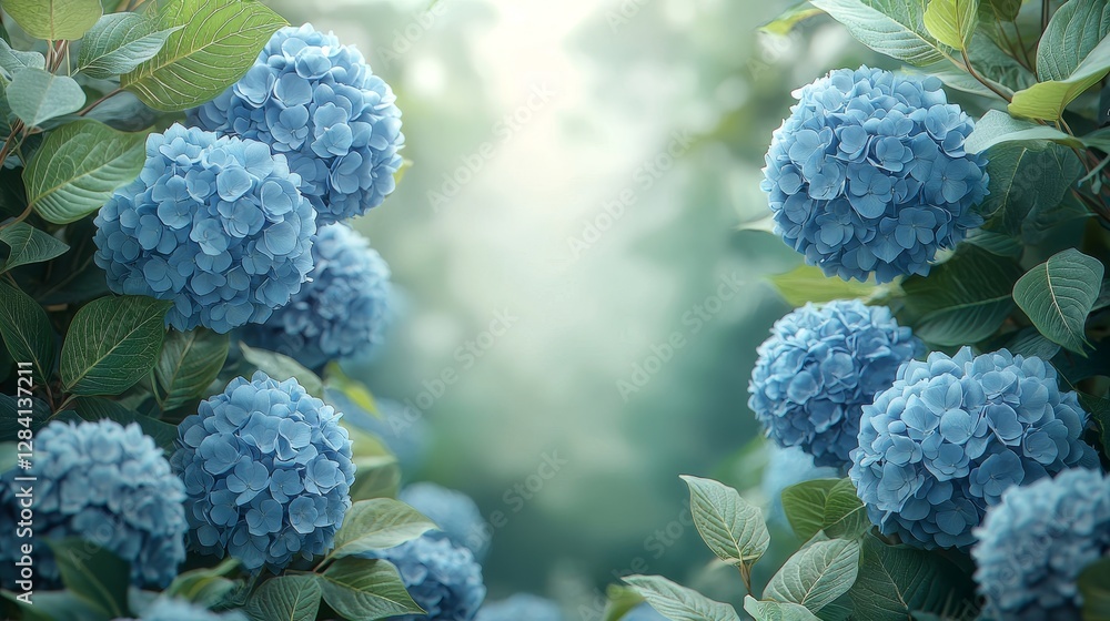 Blooming blue hydrangeas in a serene garden setting nature photography gentle light tranquil atmosphere Blooming blue hydrangeas in a serene garden setting nature photography gentle light tranquil atmosphere