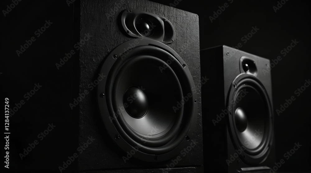 Two sound speakers with free space between them on black background,generative.ai
