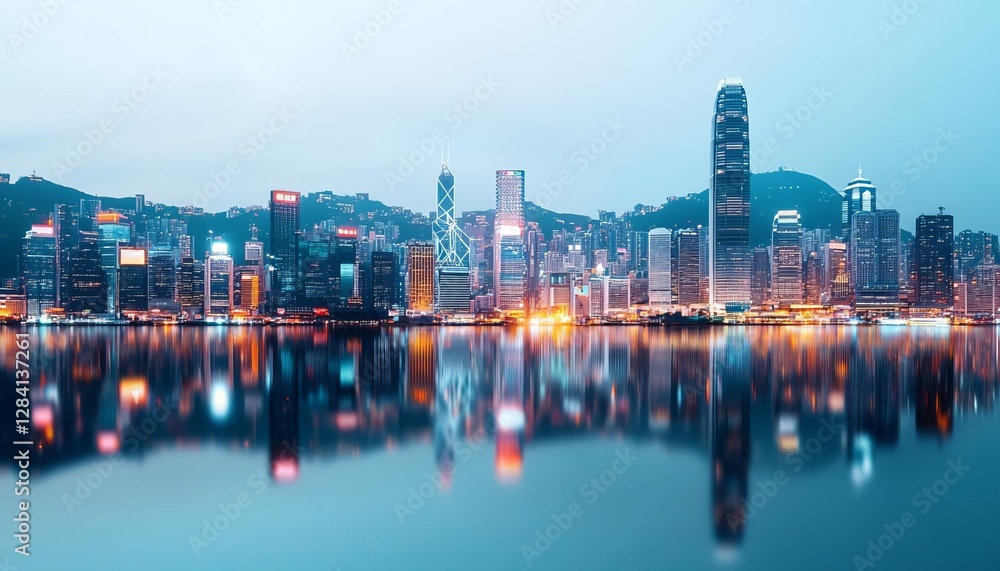 Fototapeta premium A stunning city skyline at dusk, reflecting lights on the water's surface.