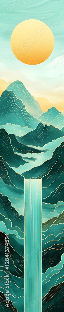 Majestic Mountain Waterfall, Teal and Gold Abstract Art Majestic Mountain Waterfall, Teal and Gold Abstract Art