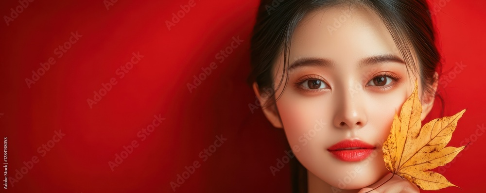 Obraz premium Young woman holding autumn leaf against vibrant red background with captivating gaze