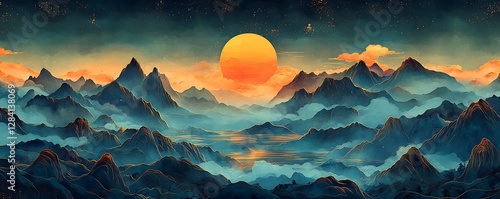 Majestic Mountain Range at Sunrise, Digital Art