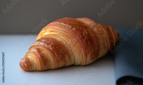 A perfectly baked French croissant rests on a white surface, showcasing its golden layers and delicious flakiness photo