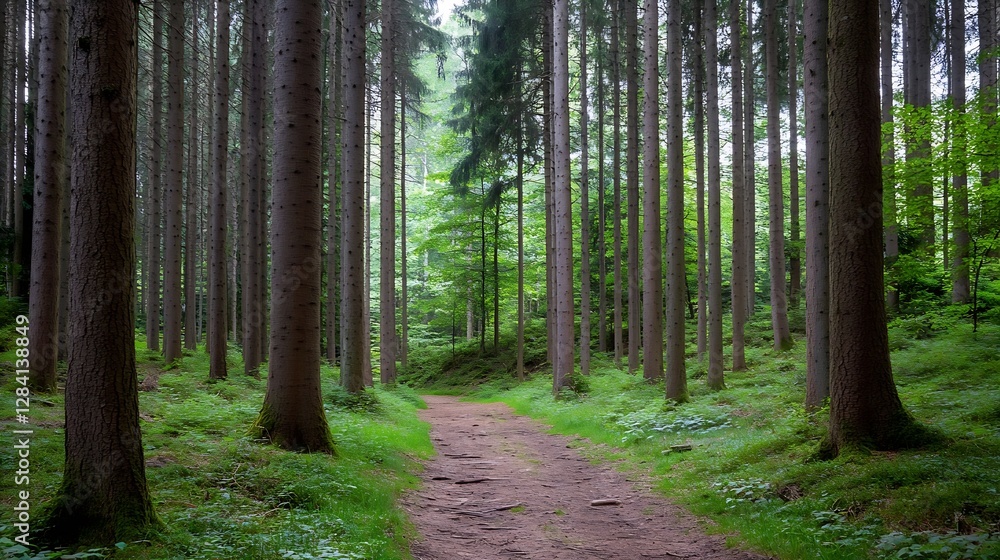 Obraz premium Serene forest path surrounded by tall trees and lush greenery on a calm day : Generative AI