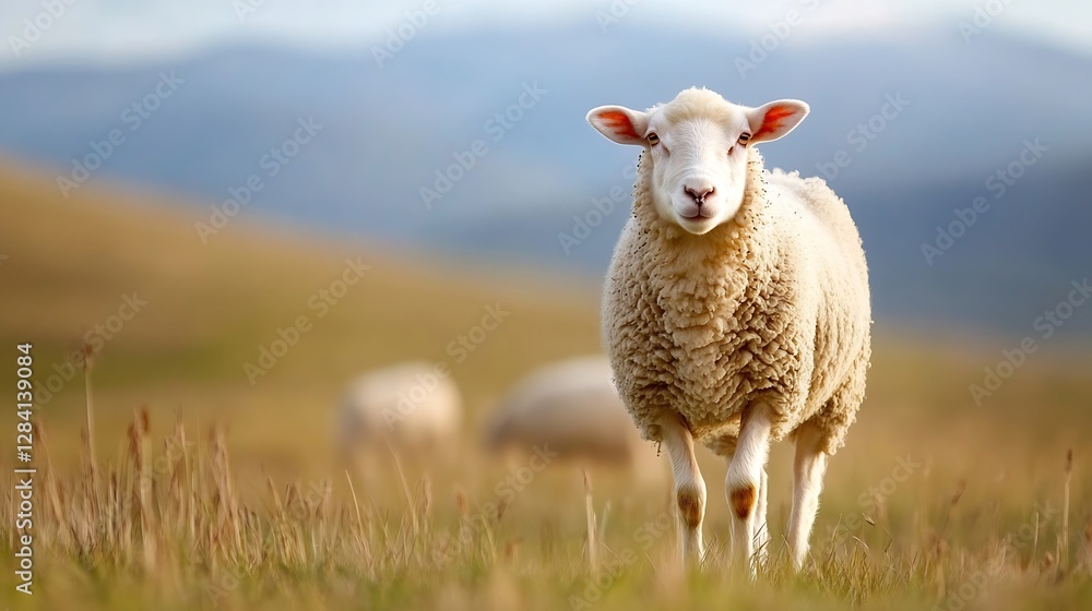 Obraz premium Fluffy white sheep standing in a green meadow with rolling hills in the background creating a peaceful scene : Generative AI