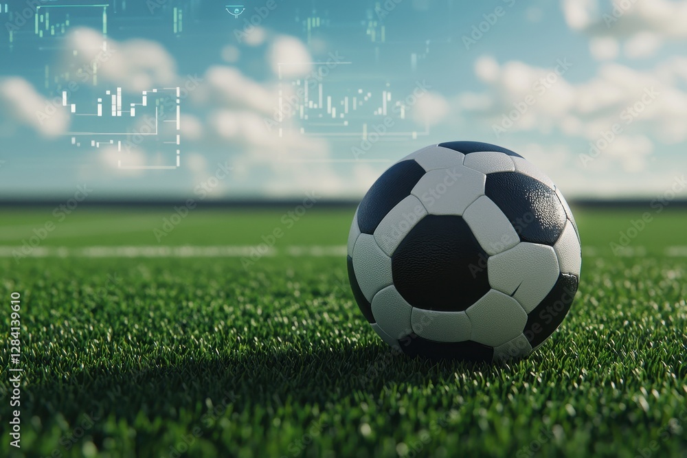 Fototapeta premium Soccer Ball on Green Field with Abstract Digital Elements
