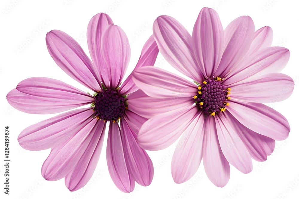 Close-up of two delicate pink flowers against a white background. Close-up of two delicate pink flowers against a white background.