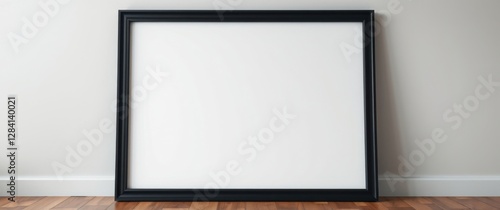Large black frame with white center resting against a wall, on a wood floor. Mock up for image display.