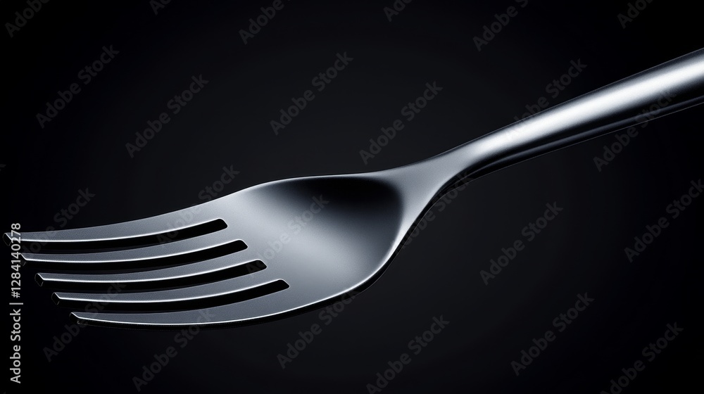 Close-up of a sleek, polished fork against a dark background, emphasizing its design and shine Close-up of a sleek, polished fork against a dark background, emphasizing its design and shine