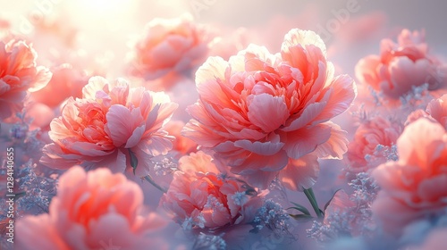 Blooming peonies in a soft sunrise nature photography serene garden floral beauty close-up view tranquil vibes
