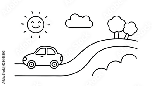 Cartoon Car Traveling on a Winding Road Through a Sunny Landscape Adobe Illustrator Artwork