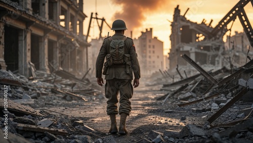 Wallpaper Mural A soldier stands amidst the ruins of a city destroyed by war, with a somber sunset casting long shadows. Torontodigital.ca