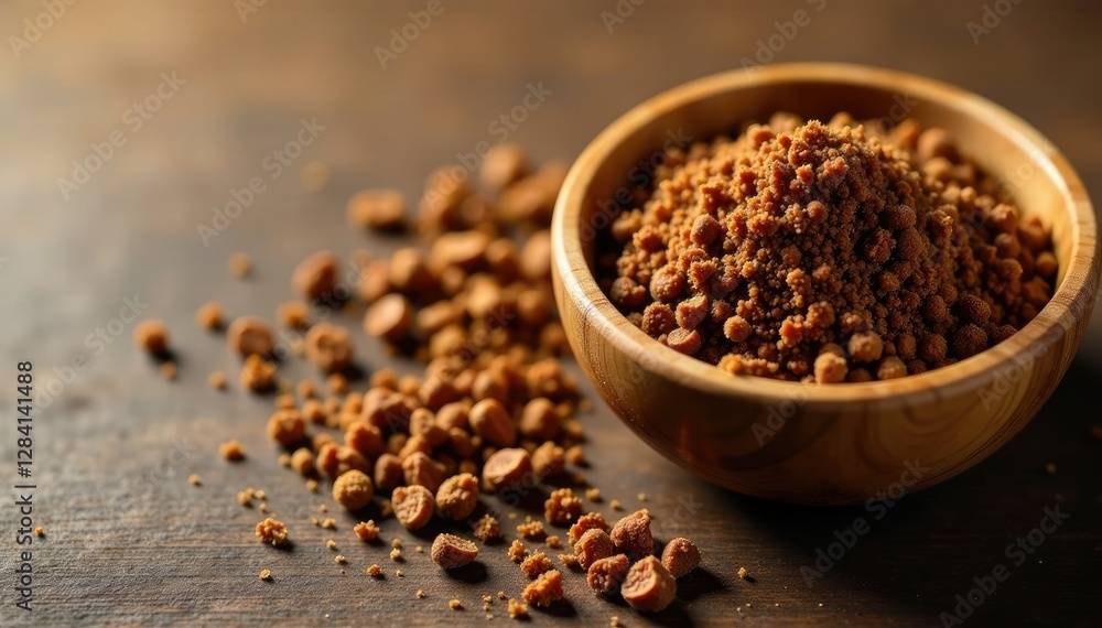 Crunchy brown particles scattered in a wooden bowl, nutrition, natural, texture Crunchy brown particles scattered in a wooden bowl, nutrition, natural, texture