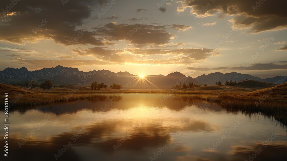 Golden sunset over a peaceful lake cosmic reflection nature scene tranquil atmosphere warm viewpoint solar beauty Golden sunset over a peaceful lake cosmic reflection nature scene tranquil atmosphere warm viewpoint solar beauty