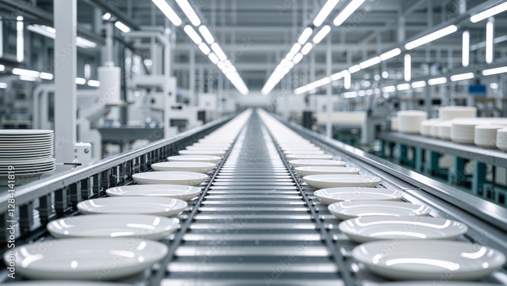Fototapeta premium Rows of pristine white plates glide down a conveyor belt in a modern, high-tech factory.