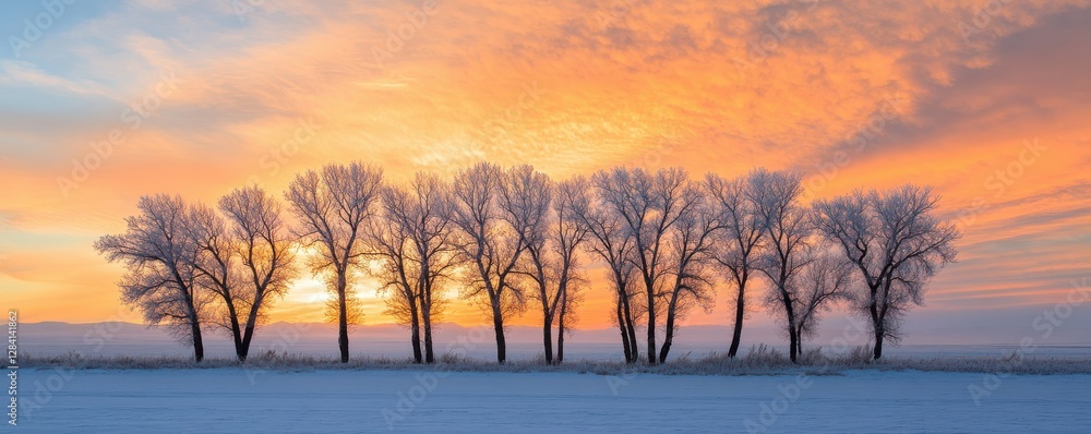 Fototapeta premium Majestic winter sunrise behind frost-covered trees in a serene landscape