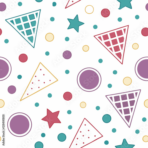 Geometric Pattern: A vibrant geometric pattern repeats itself in a playful arrangement, with colorful shapes scattered across the surface, creating a sense of visual delight.