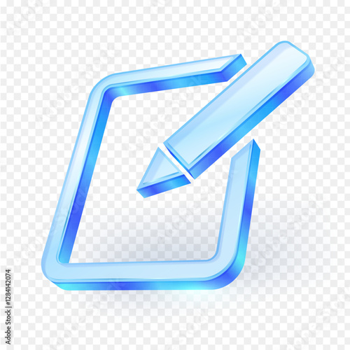3D Edit icon with document transparent glass material. Isolated on transparent background. Realistic vector illustration.