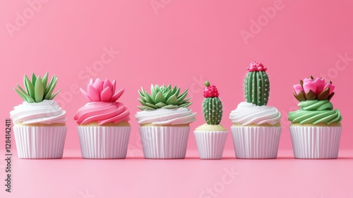 Succulent-themed cupcakes with pink background: creative dessert art display photo