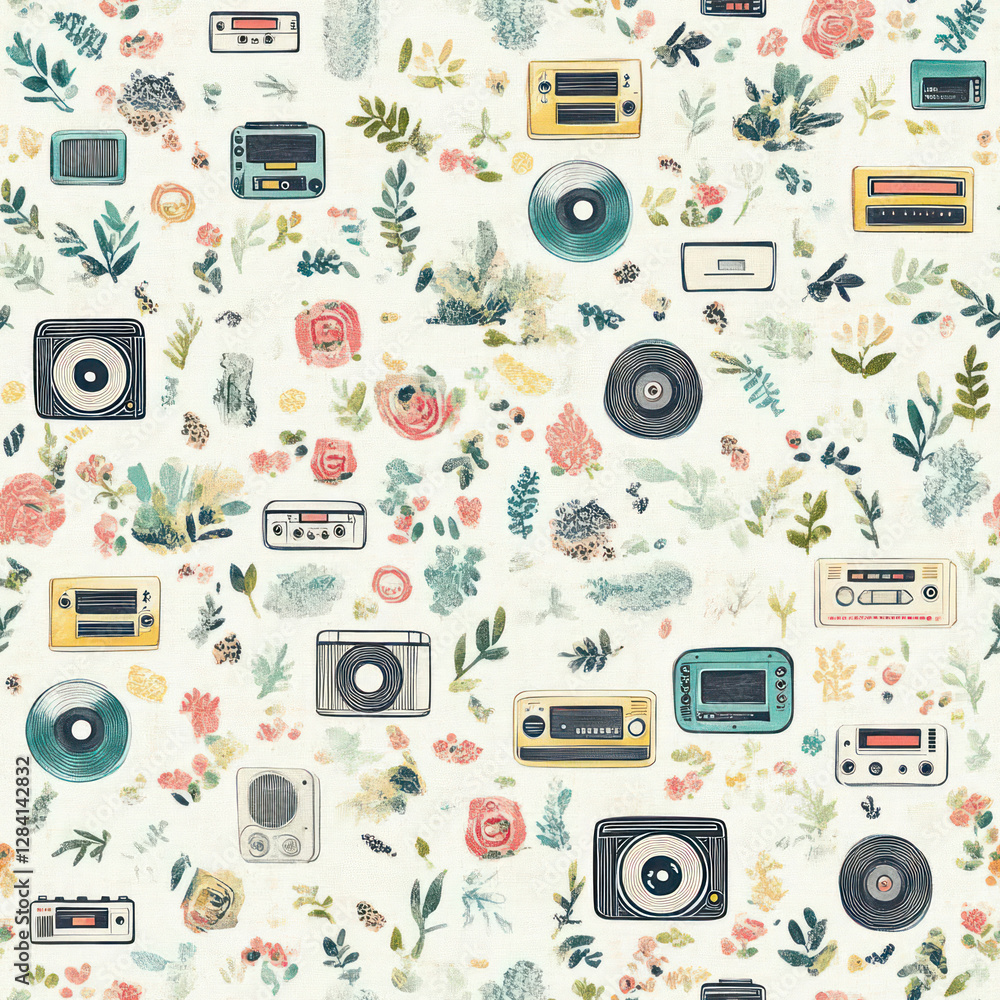 Obraz premium Vintage audio tech & floral seamless pattern, textile design