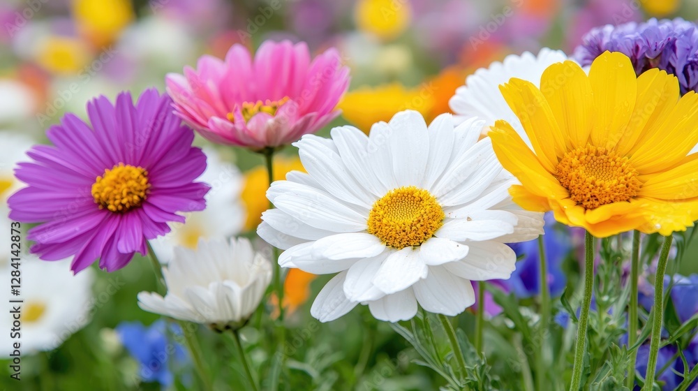 Colorful daisies bloom in a garden, blurred background, ideal for spring cards Colorful daisies bloom in a garden, blurred background, ideal for spring cards
