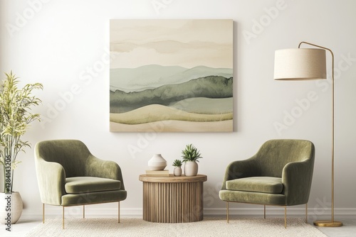 Two Green Chairs And A Landscape Painting In The Interior