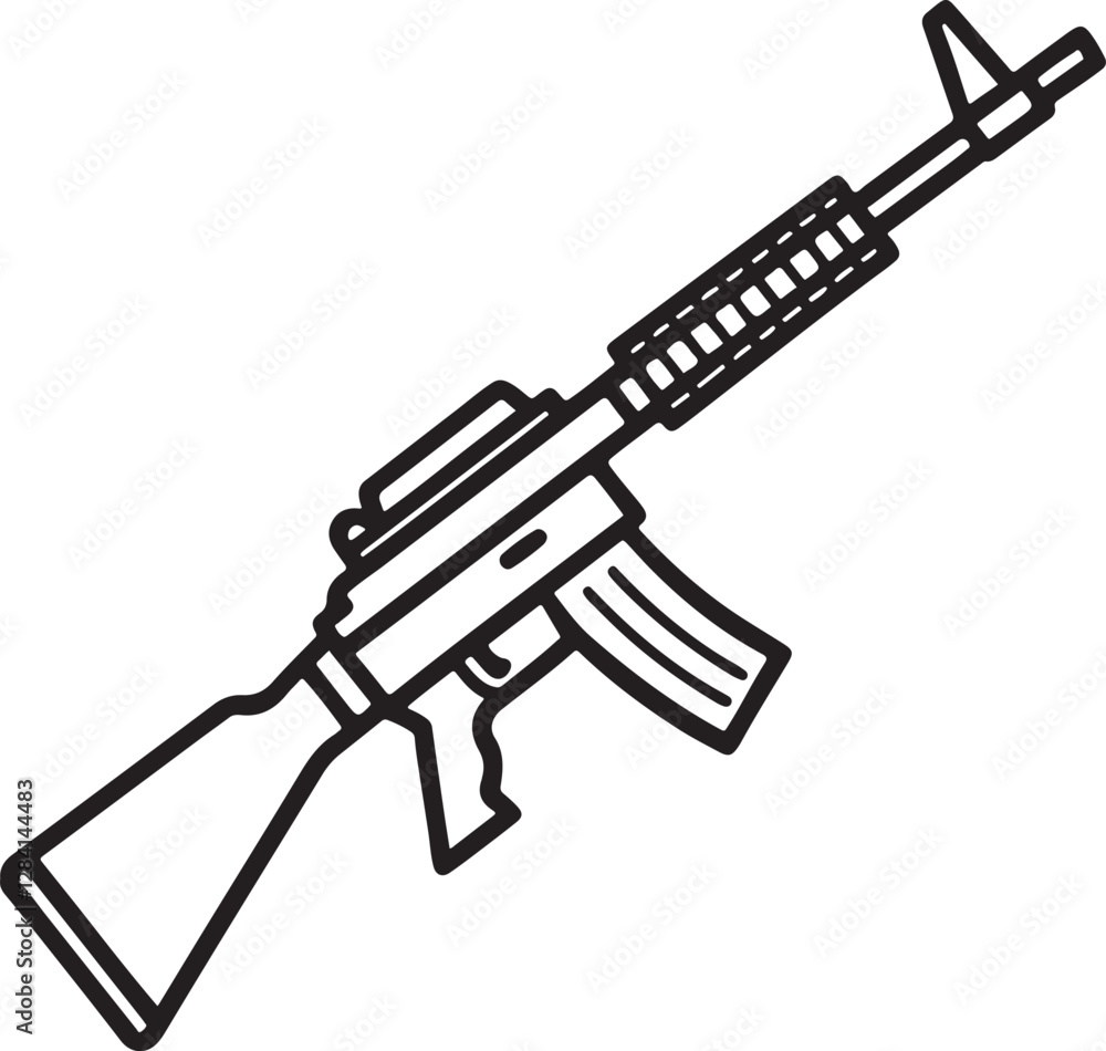 Assault Rifle line art, black outline, vector and illustration, line art and outline Assault Rifle line art, black outline, vector and illustration, line art and outline