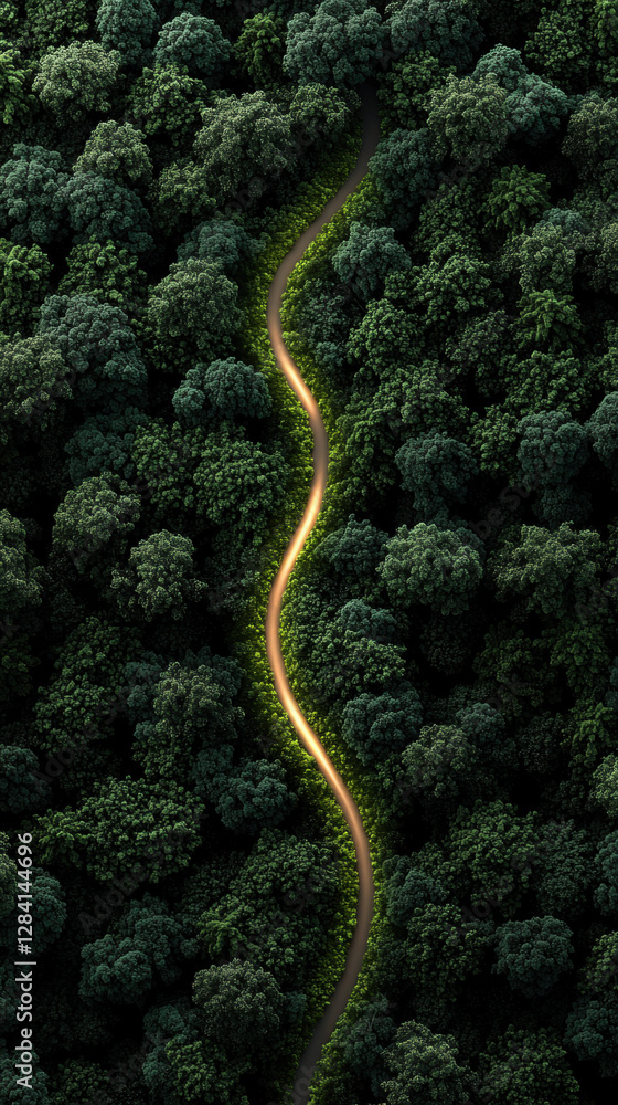 CBAM Carbon concept. Winding path through a dense forest canopy. CBAM Carbon concept. Winding path through a dense forest canopy.
