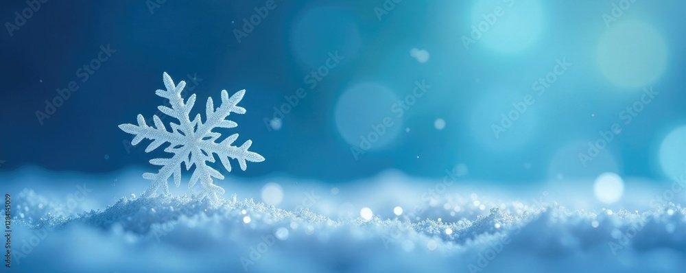 Delicate snowflake gently falls on blue background, calming, peaceful Delicate snowflake gently falls on blue background, calming, peaceful