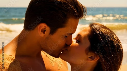 Romantic beach kiss at sunset with ocean waves and golden sand