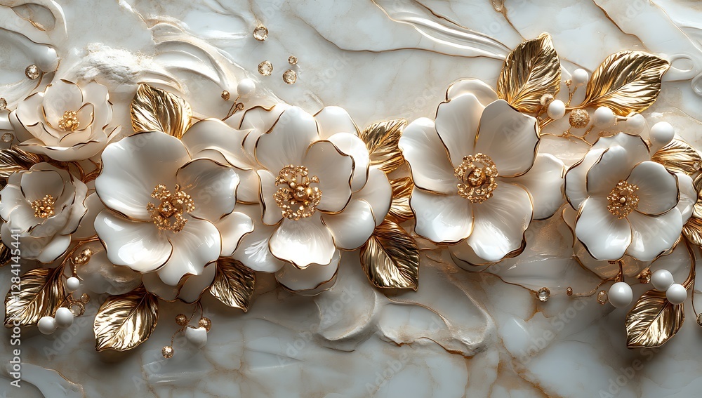 Fototapeta premium Luxurious White Flowers with Gold Accents on Marble-Style Background