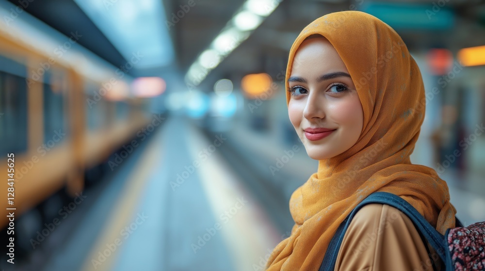A professional woman wearing a stylish hijab stands at a bustling train station, smiling as she prepares for her commute. The vibrant atmosphere reflects a busy day ahead A professional woman wearing a stylish hijab stands at a bustling train station, smiling as she prepares for her commute. The vibrant atmosphere reflects a busy day ahead