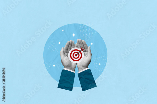 Goal and target, action plan, development and strategy concept. Creative art collage of hand holding paper cut with target icon for success