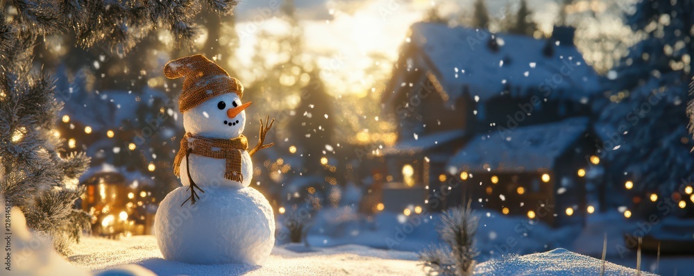 Fototapeta premium Cheerful snowman in winter wonderland during sunset