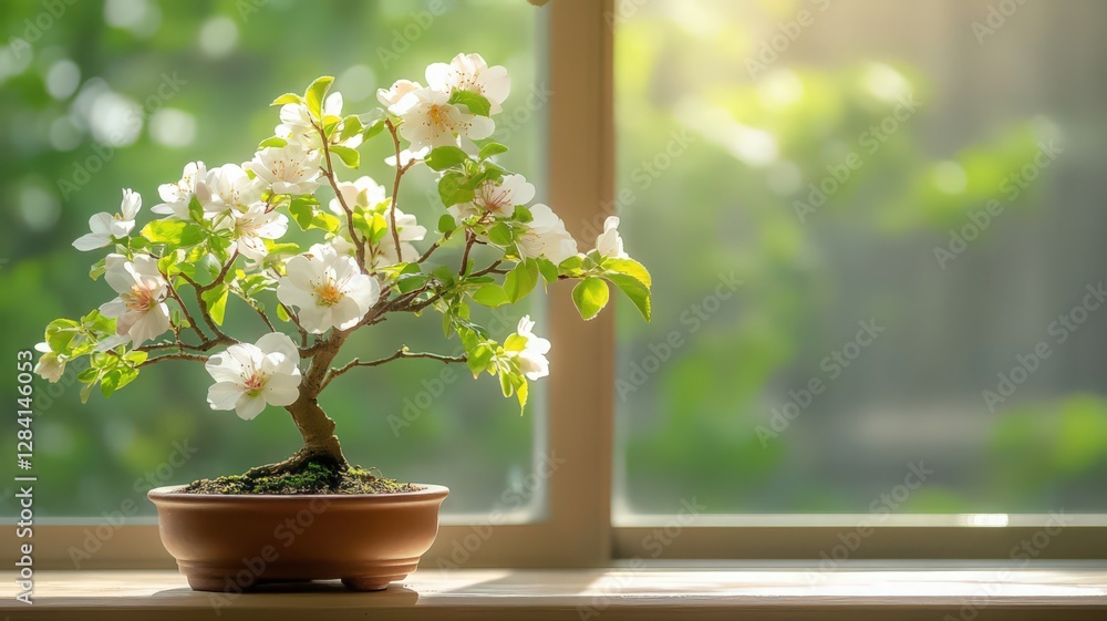 White Flowering Bonsai Tree on Sunny Windowsill White Flowering Bonsai Tree on Sunny Windowsill