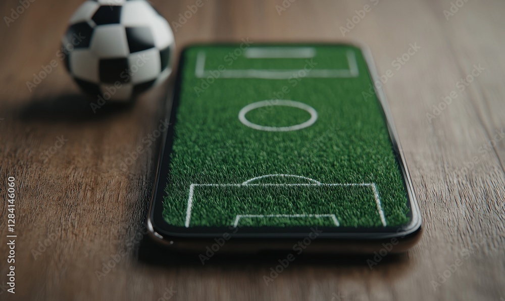 Smartphone on Grass Soccer Field with Mini Ball on Wooden Surface Smartphone on Grass Soccer Field with Mini Ball on Wooden Surface