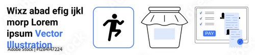 Runner icon for exercise, jar for homemade products, and payment receipt for online transactions. Ideal for fitness apps, e-commerce, small businesses, financial tech, health, DIY concepts abstract