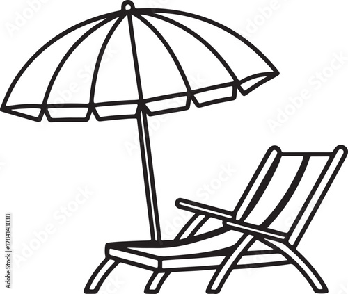 Beach Chair and umbrella line art, black outline, vector and illustration, line art and outline