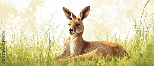 A kangaroo rests in a grassy field with leafy background. For wildlife themes photo