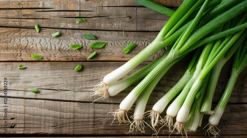 green onions on wooden background